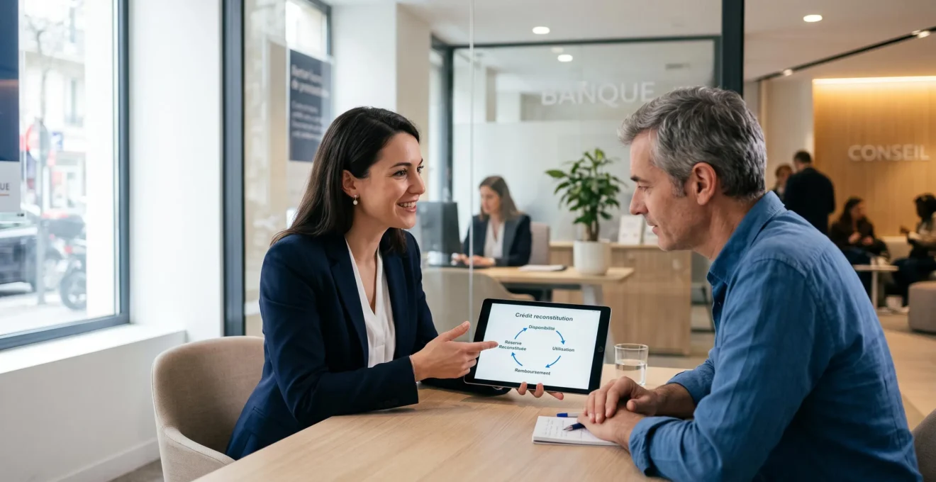 Conseillère bancaire expliquant le fonctionnement du crédit renouvelable à un client à l'aide d'une tablette dans une agence