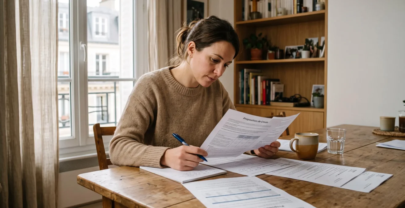 Femme consultant attentivement des documents de crédit renouvelable sur une table à son domicile