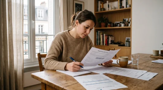 Femme consultant attentivement des documents de crédit renouvelable sur une table à son domicile