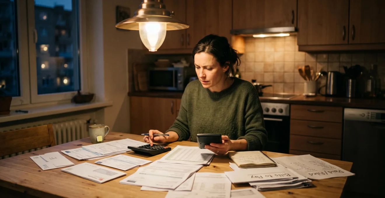 Femme vérifiant son budget familial avec calculatrice et relevés bancaires sur une table de cuisine